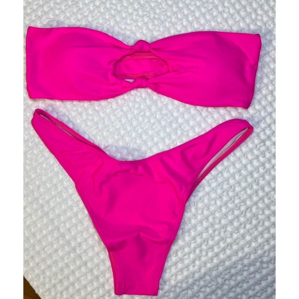 Shein Bikini Women’s L Hot Pink Bandeau Top & High Cut Bottom 2 Piece OC3A - Picture 3 of 7